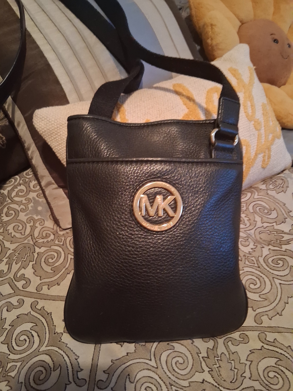 Michael Kors Black Pebbled Leather Crossbody with Gold MK Medallion